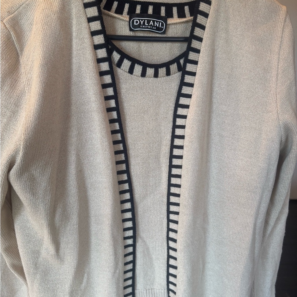 dylan Women's Striped Cream and Black sweater set. Cardigan and sweater